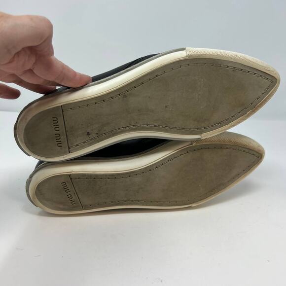 Miu Miu Loafers Women's 38.5 Black Leather Silver Toe Cap Slip On Luxury Shoes - Picture 11 of 16